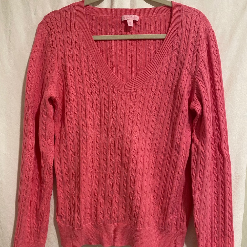 Lilly Pulitzer, pink cableknit sweater, V-neck
